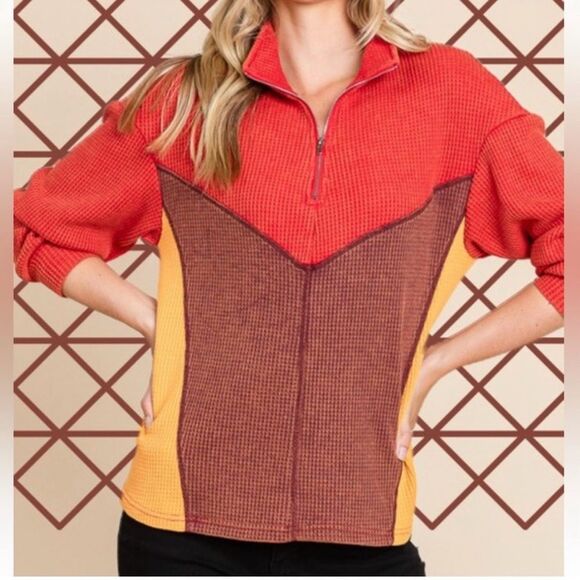 Ott Tops - NWT Mineral Wash Colorblock Waffle Quarter Zip Sweater
